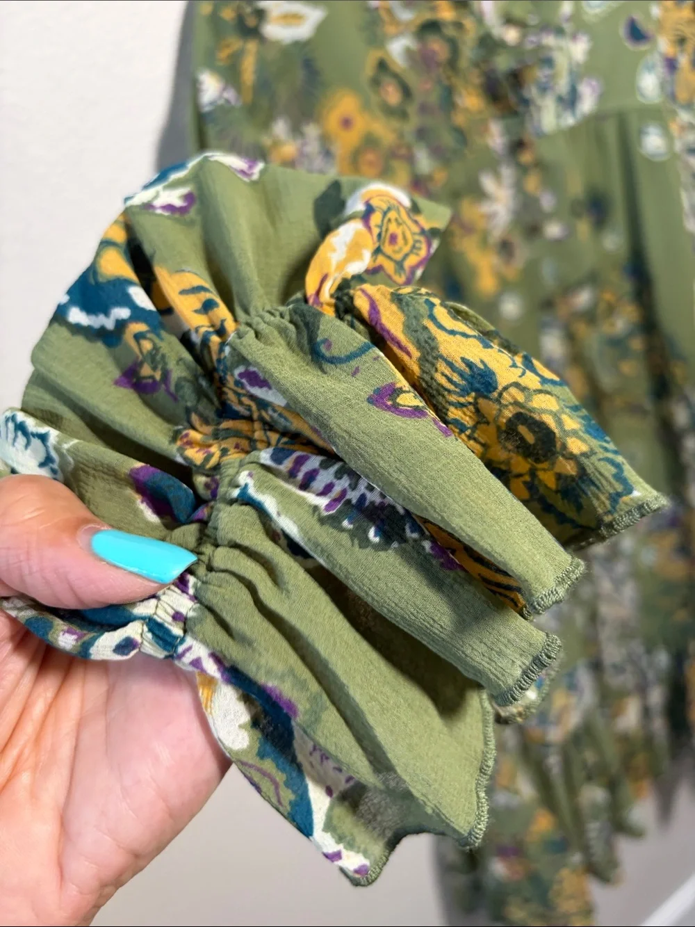 Free People Olive Green Floral Ruffle-Hem Long Sleeve Dress